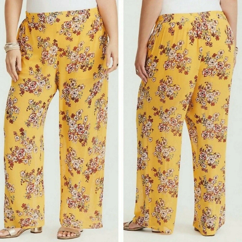 Torrid - Wide Leg Pants Yellow Floral Chiffon Semi Sheer with Short - Size 1 - Picture 1 of 8